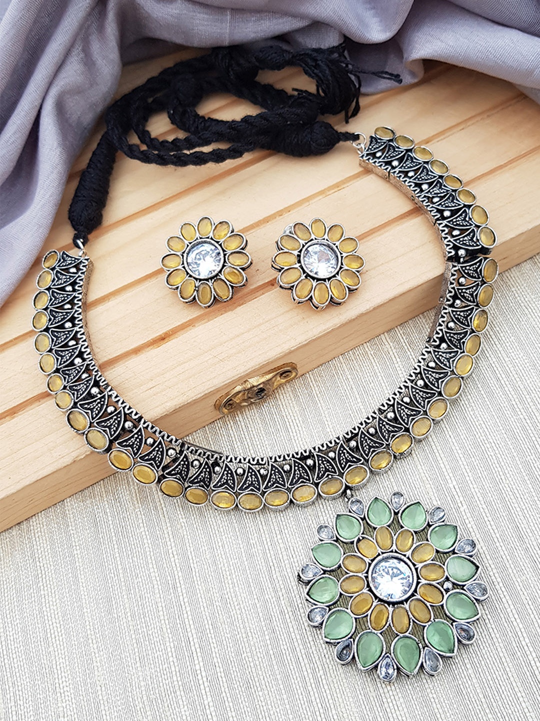 

GRIIHAM Silver Toned Yellow & Green AD Studded Oxidised Jewellery Set