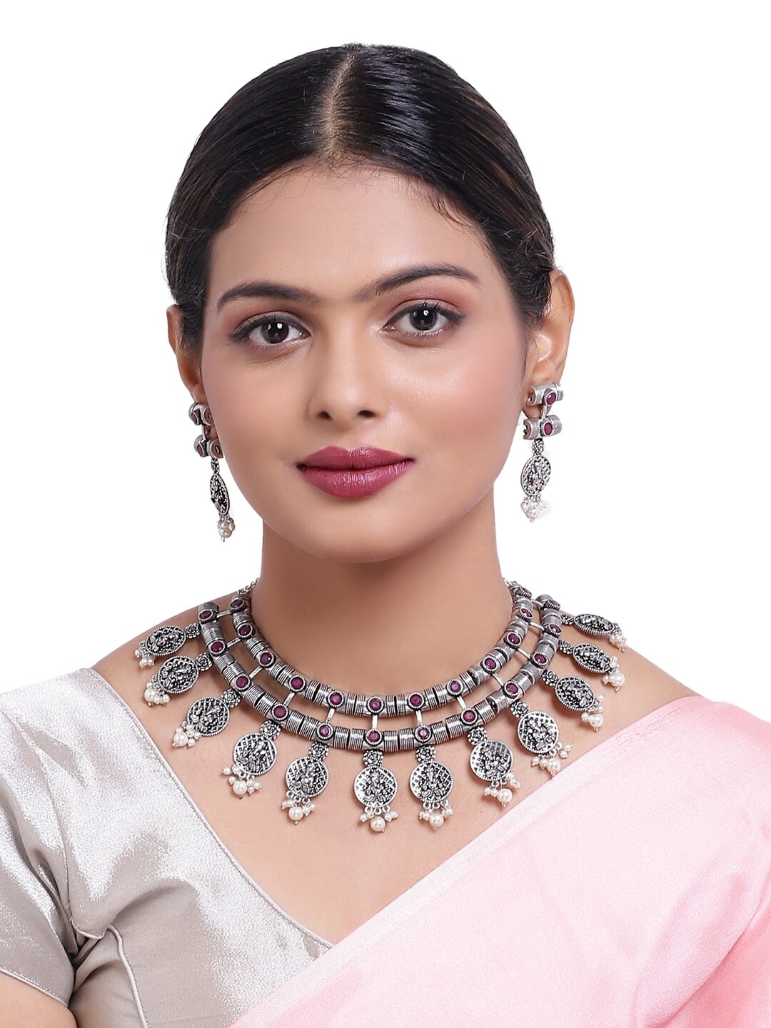 

GRIIHAM Silver-Toned Red Stone-Stunned Oxidised Jewellery Set