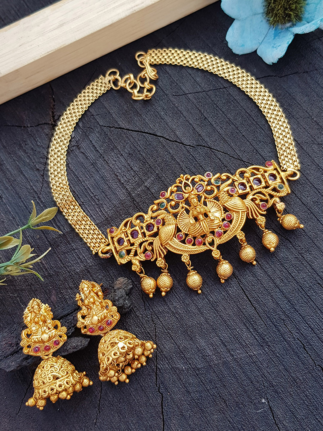 

GRIIHAM Gold-Plated & Magenta-Pink AD-Studded Choker Antique Jewellery Set