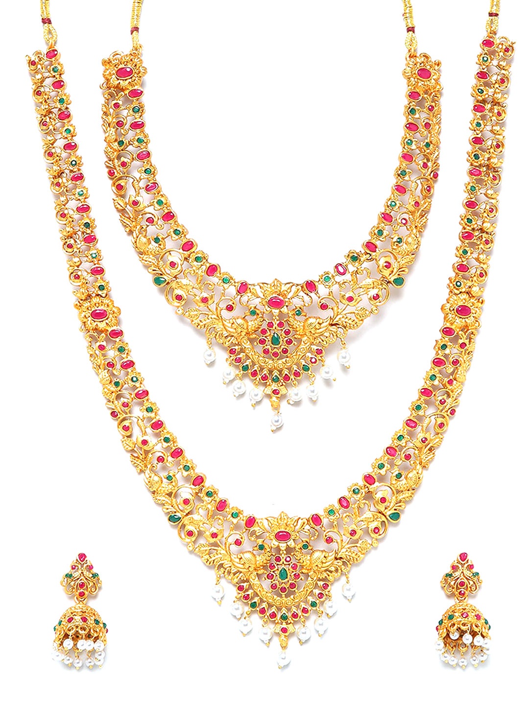 

GRIIHAM Gold-Toned Pink & Green AD-Stone Studded & Beadded Jewellery Set