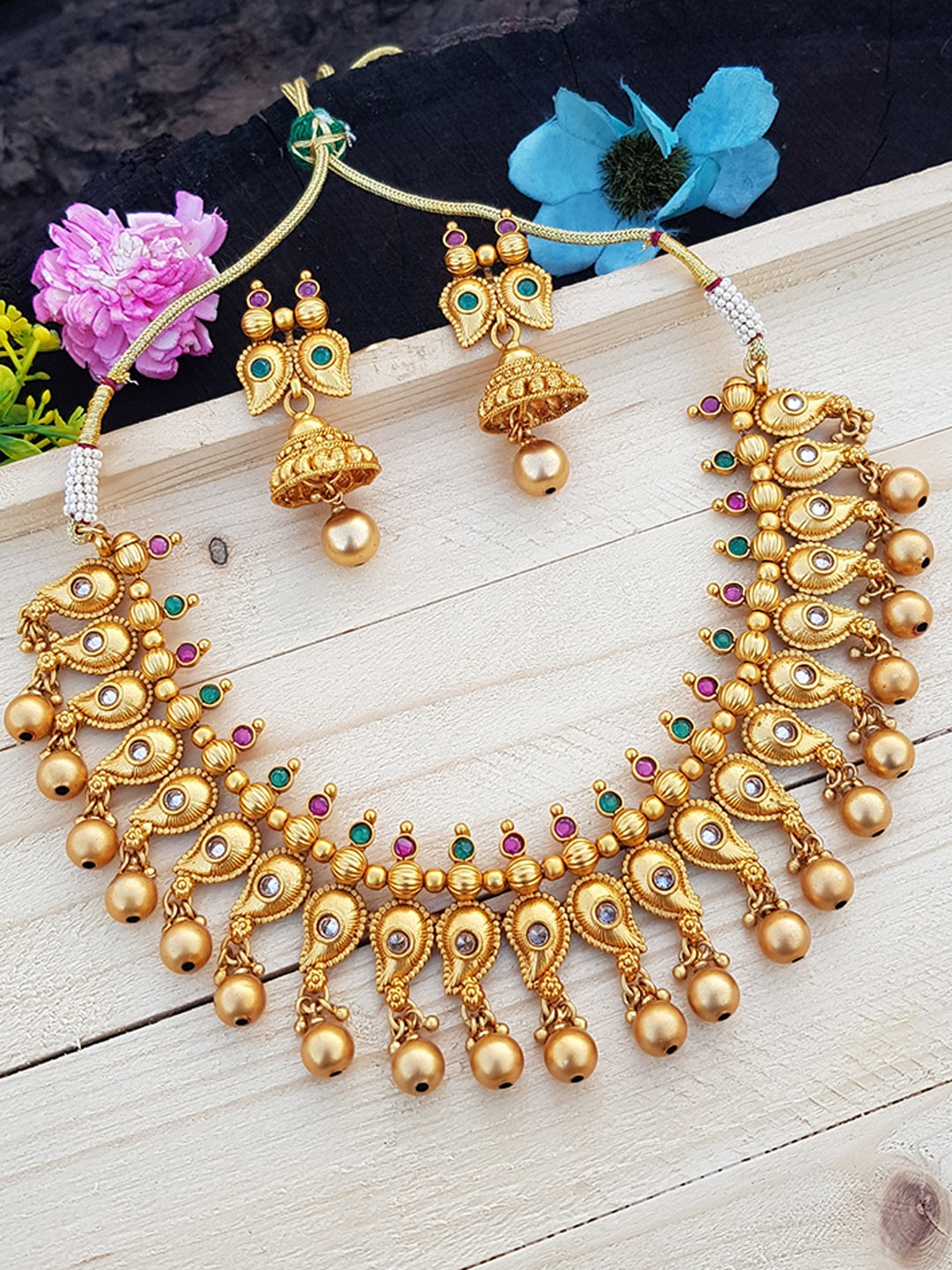 

GRIIHAM Gold-Plated & Pink AD-Studded & Beaded Jewellery Set