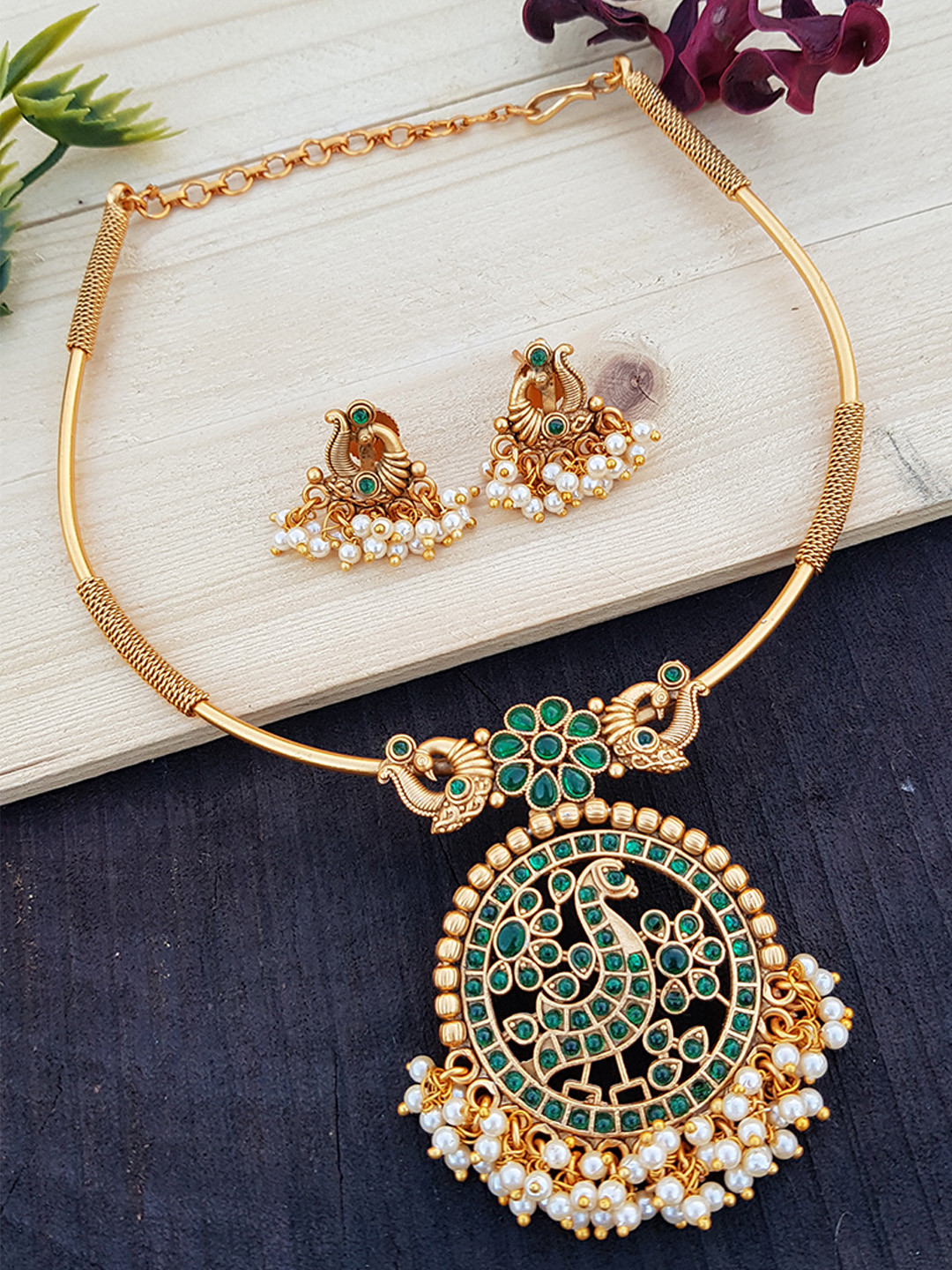 

GRIIHAM Gold-Plate Green & White Stone Studded & Beaded Jewellery Set