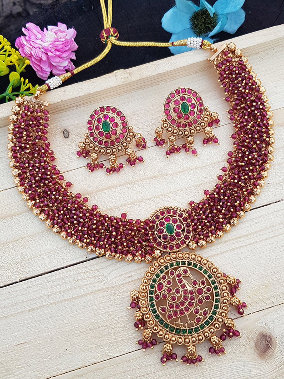 

GRIIHAM Gold-Plated Red & Green AD Studded & Crystal Beaded Jewellery Set