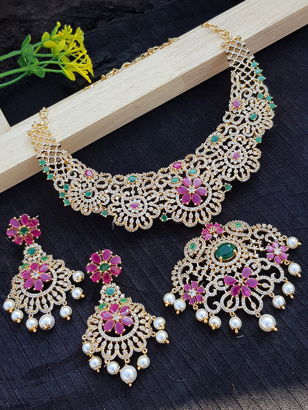 

GRIIHAM Gold-Plated Green & Pink AD-Studded Jewellery Set