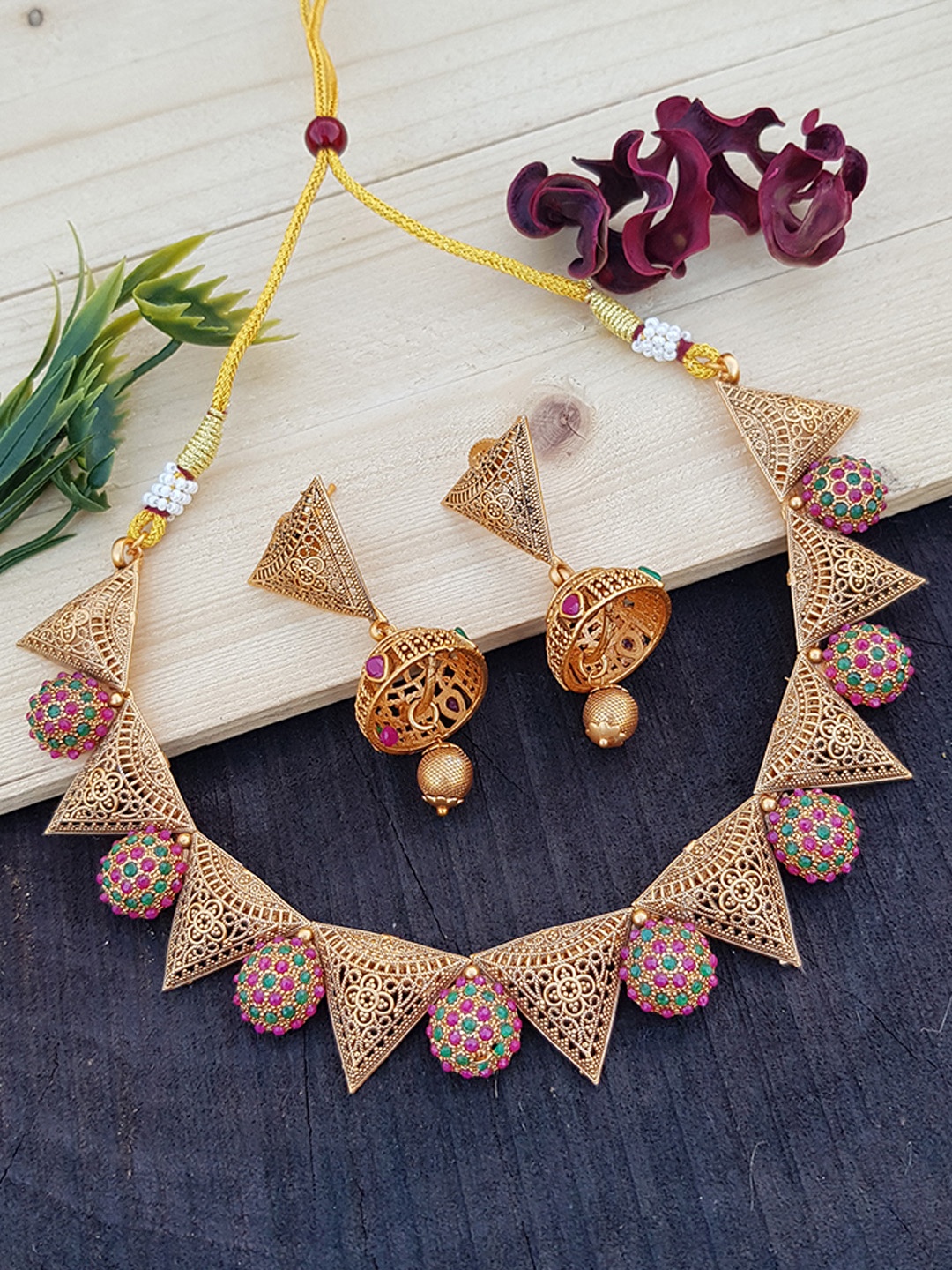 

GRIIHAM Magenta & Green Gold-Plated AD-Studded Antique Jewellery Set