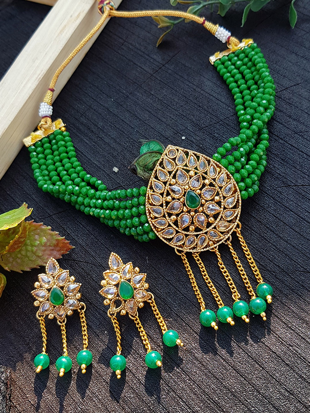 

GRIIHAM Gold-Plated White & Green AD-Studded Jewellery Set