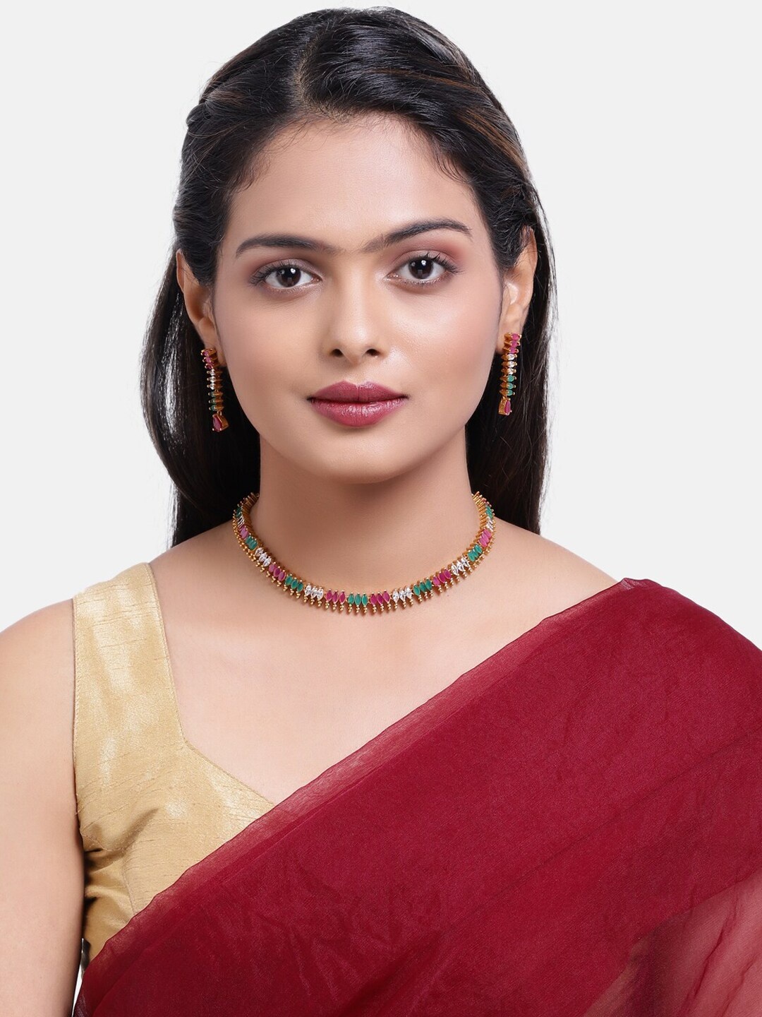 

GRIIHAM Gold-Plated Pink & Green Stone-Studded Jewellery Set
