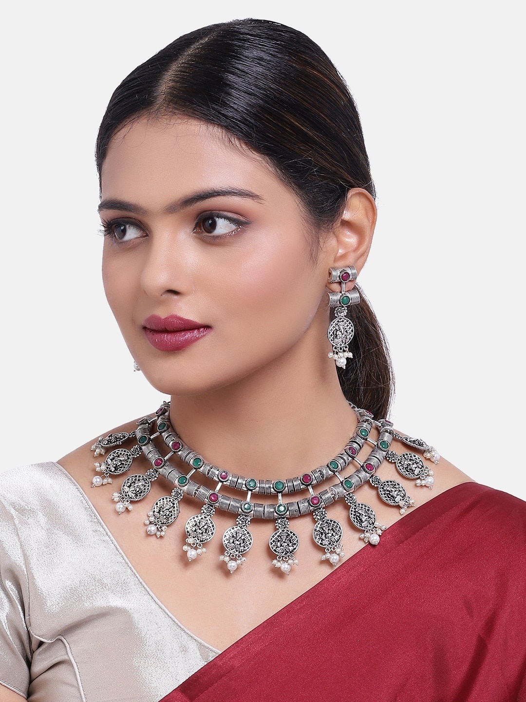 

GRIIHAM Oxidised Silver-Toned & Pink AD-Studded & Beaded Jewellery Set, Gold