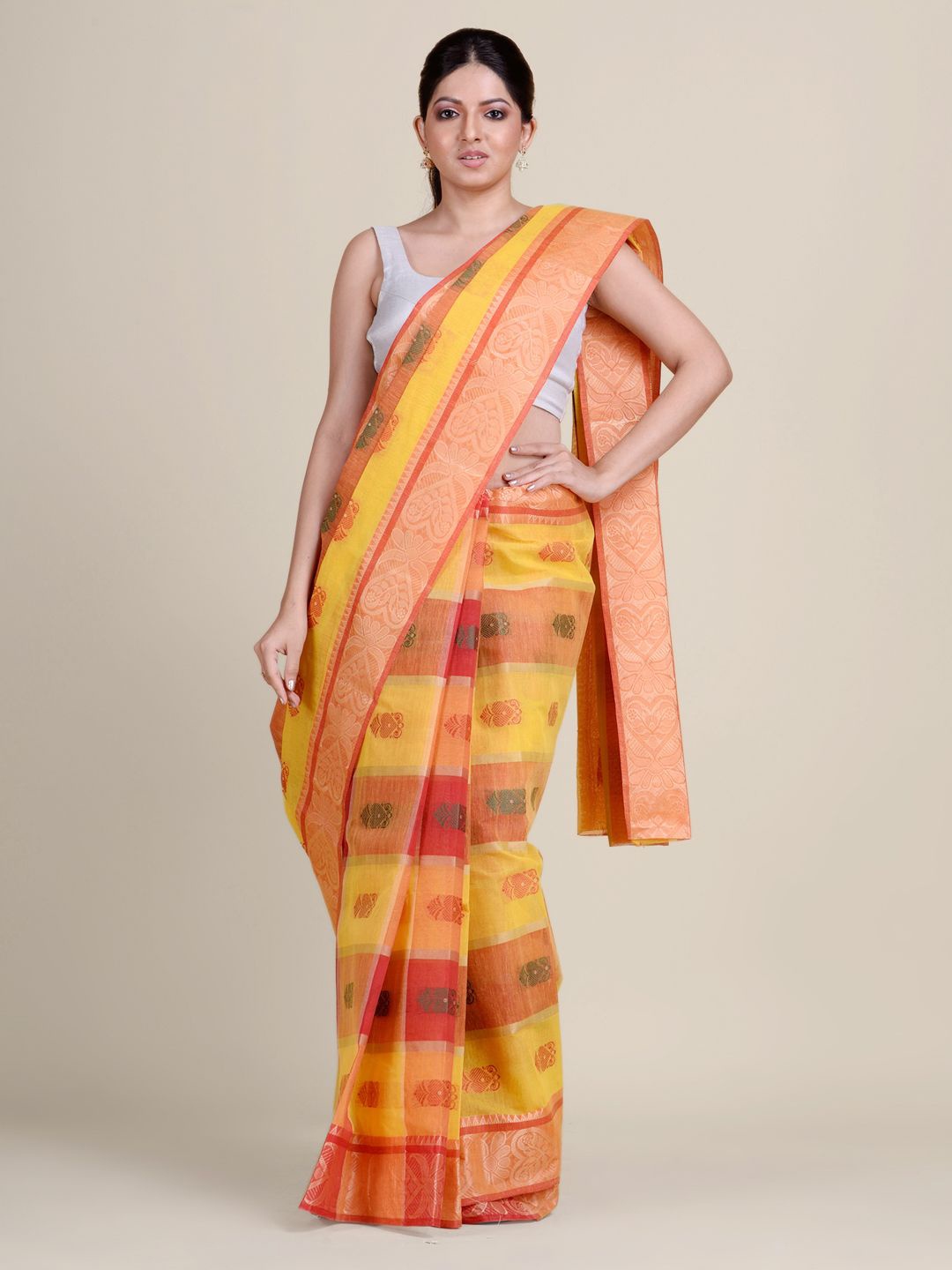 

Charukriti Yellow & Orange Woven Design Pure Cotton Taant Saree