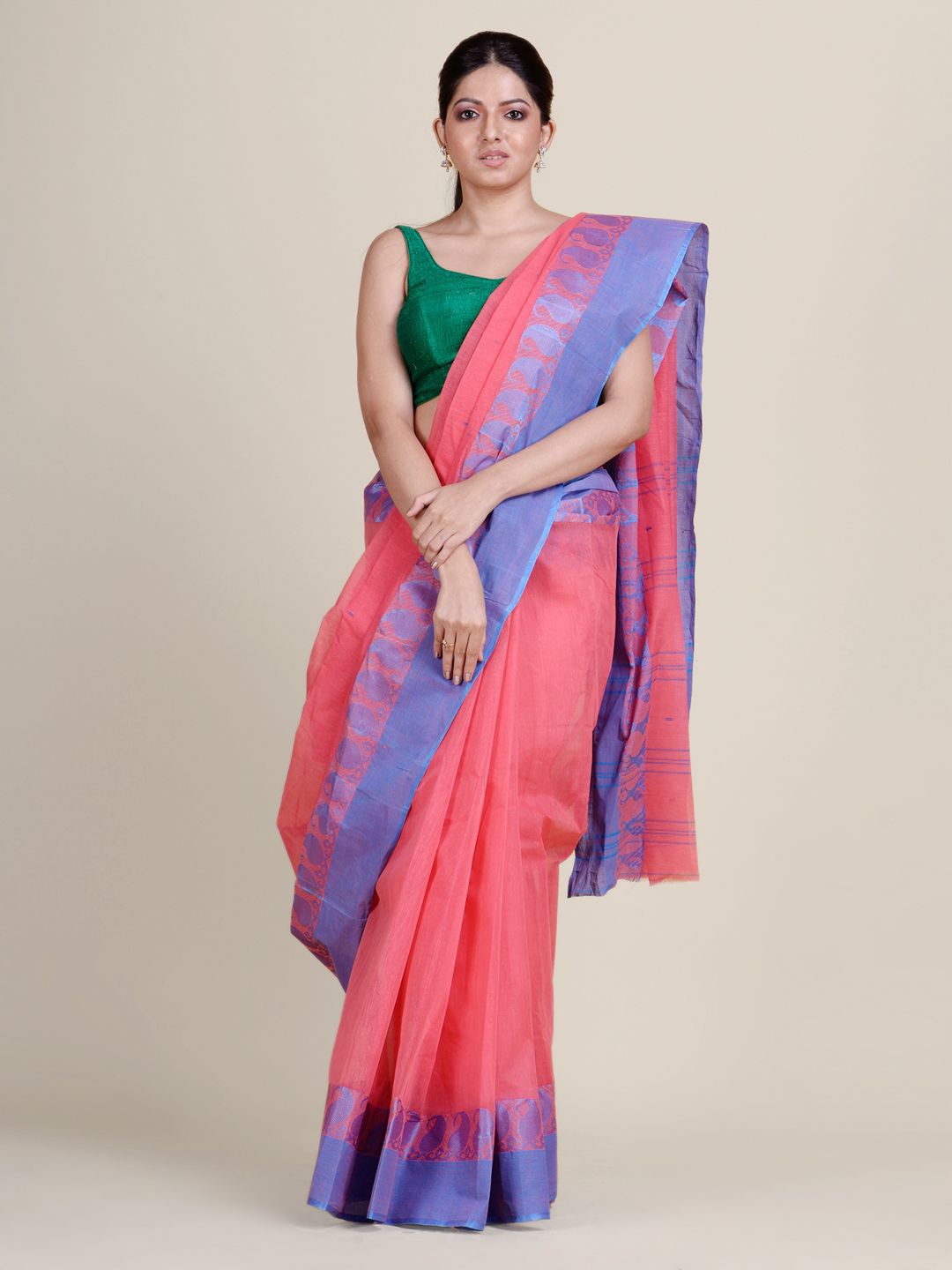 

Charukriti Coral & Blue Woven Design Pure Cotton Taant Saree