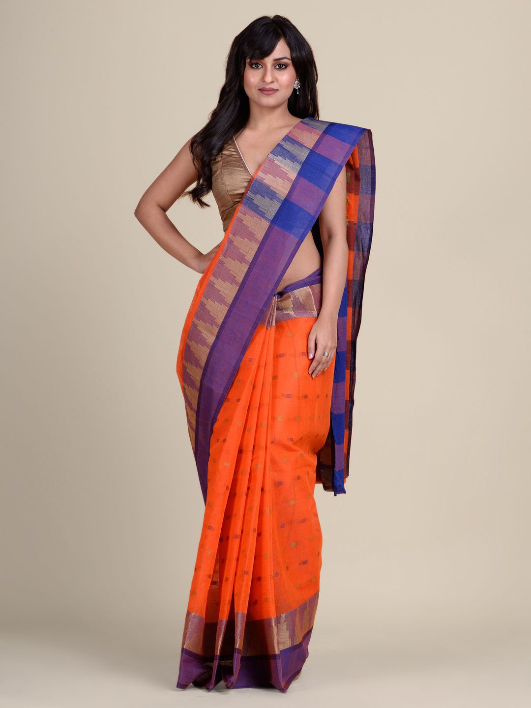 

Charukriti Orange & Blue Woven Design Pure Cotton Taant Saree
