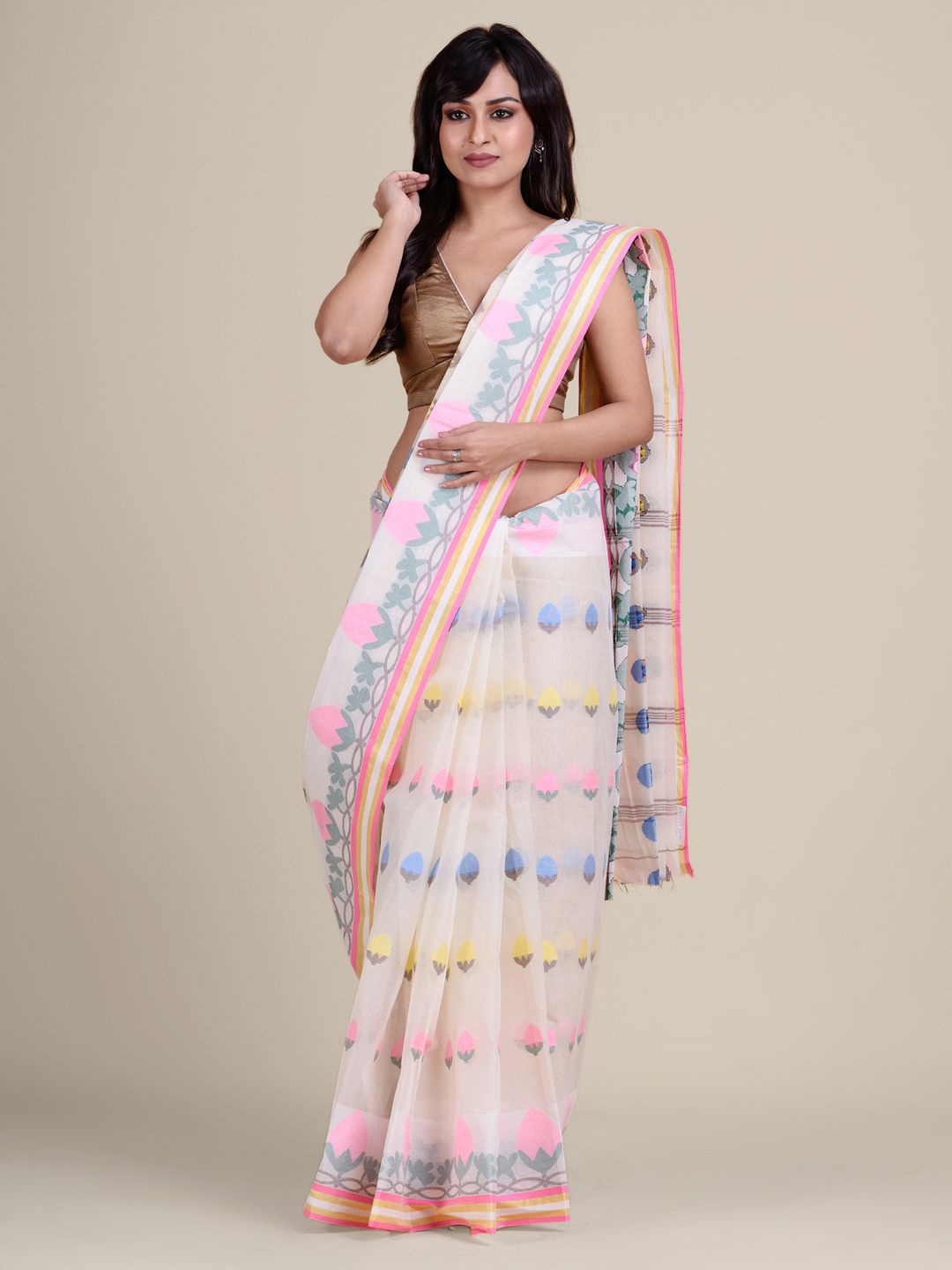 

Charukriti Off White & Pink Floral Pure Cotton Taant Saree