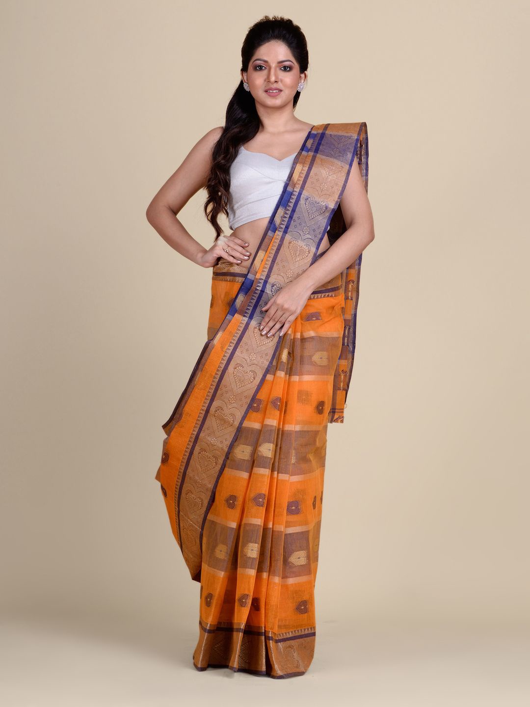 

Charukriti Orange & Blue Checked Zari Pure Cotton Taant Saree
