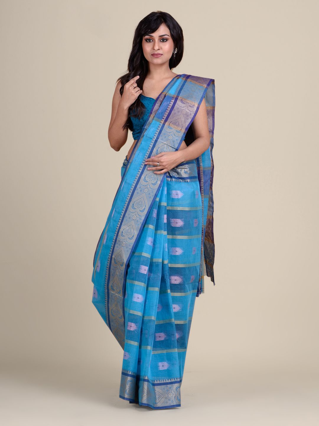 

Charukriti Blue & Pink Woven Design Pure Cotton Taant Saree