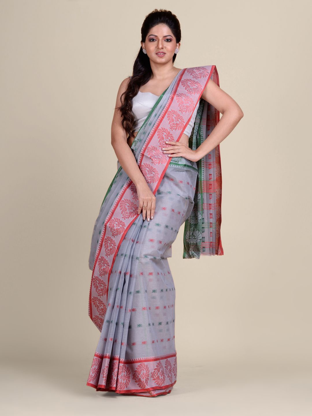 

Charukriti Grey & Red Floral Zari Pure Cotton Taant Saree