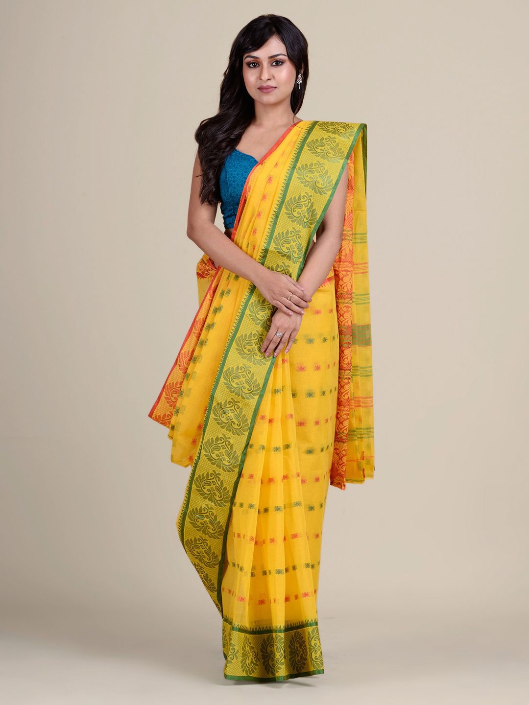 

Charukriti Yellow & Red Woven Design Pure Cotton Taant Saree