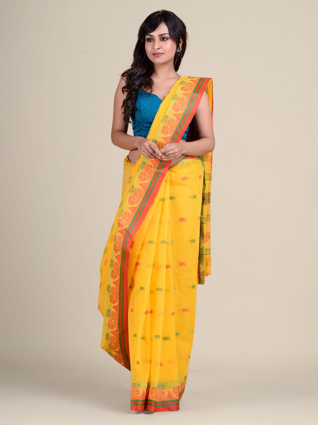 

Charukriti Yellow & Red Woven Design Pure Cotton Taant Saree