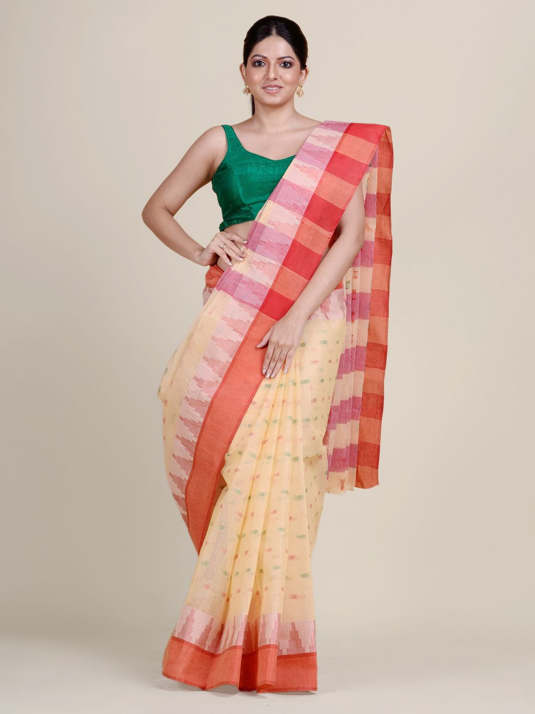 

Charukriti Beige & Red Woven Design Pure Cotton Taant Saree