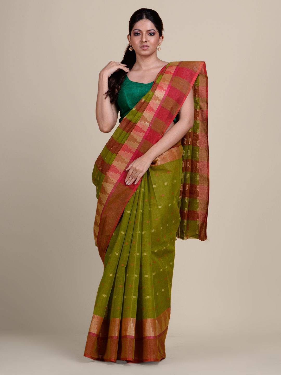 

Charukriti Green & Red Woven Design Pure Cotton Taant Saree