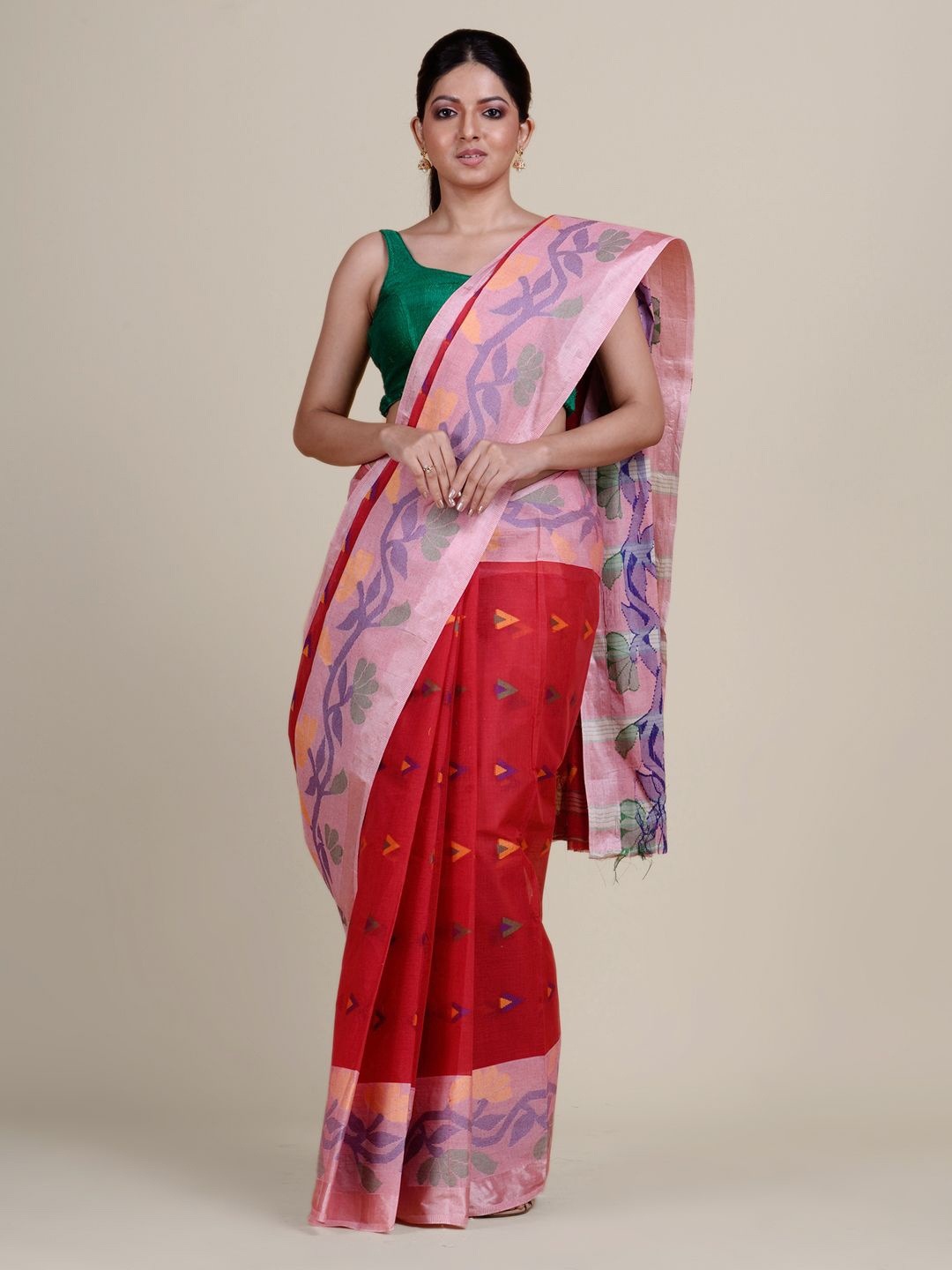 

Charukriti Red Woven Design Pure Taant Cotton Saree