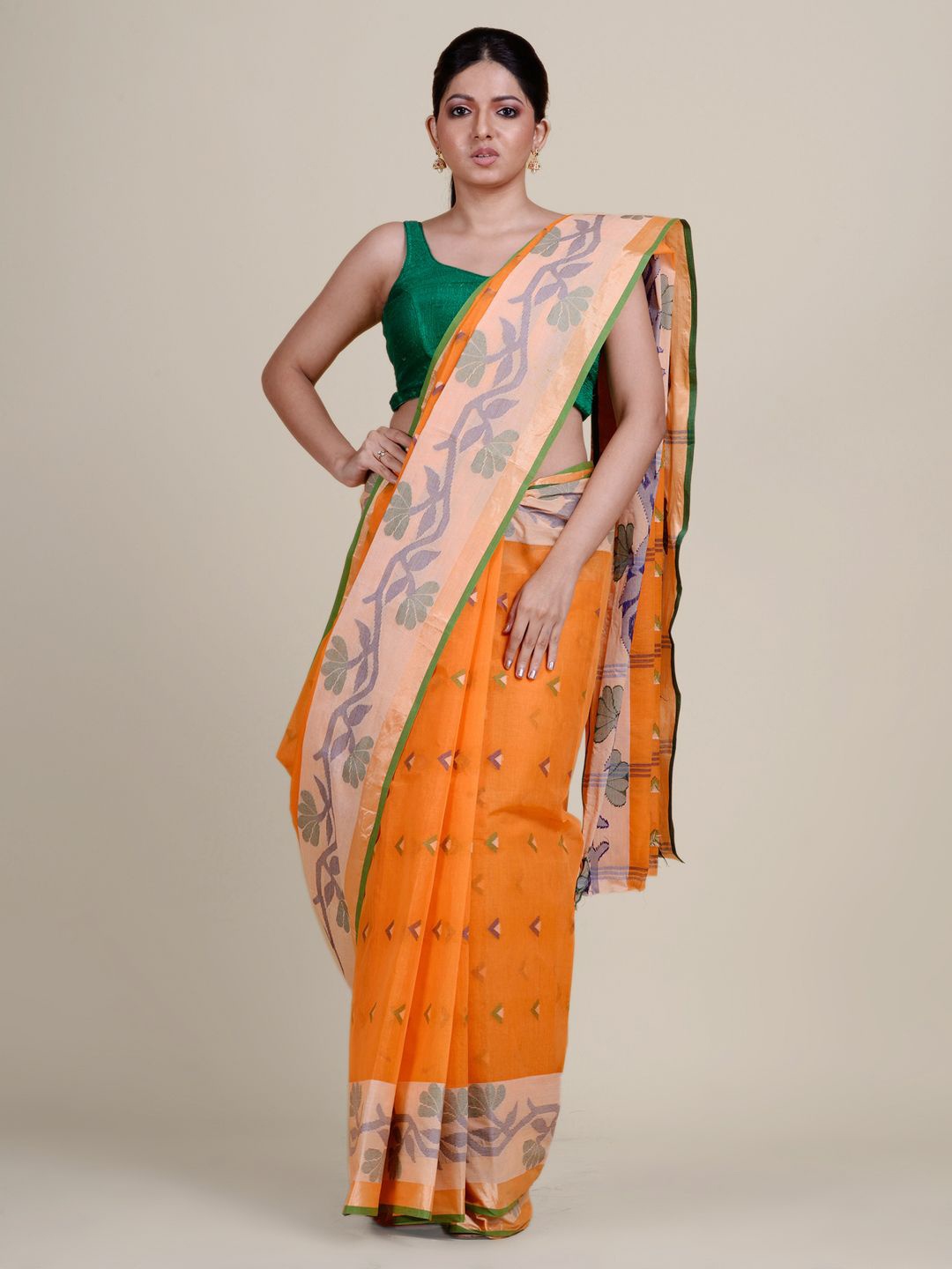 

Charukriti Orange & Green Floral Pure Cotton Taant Saree