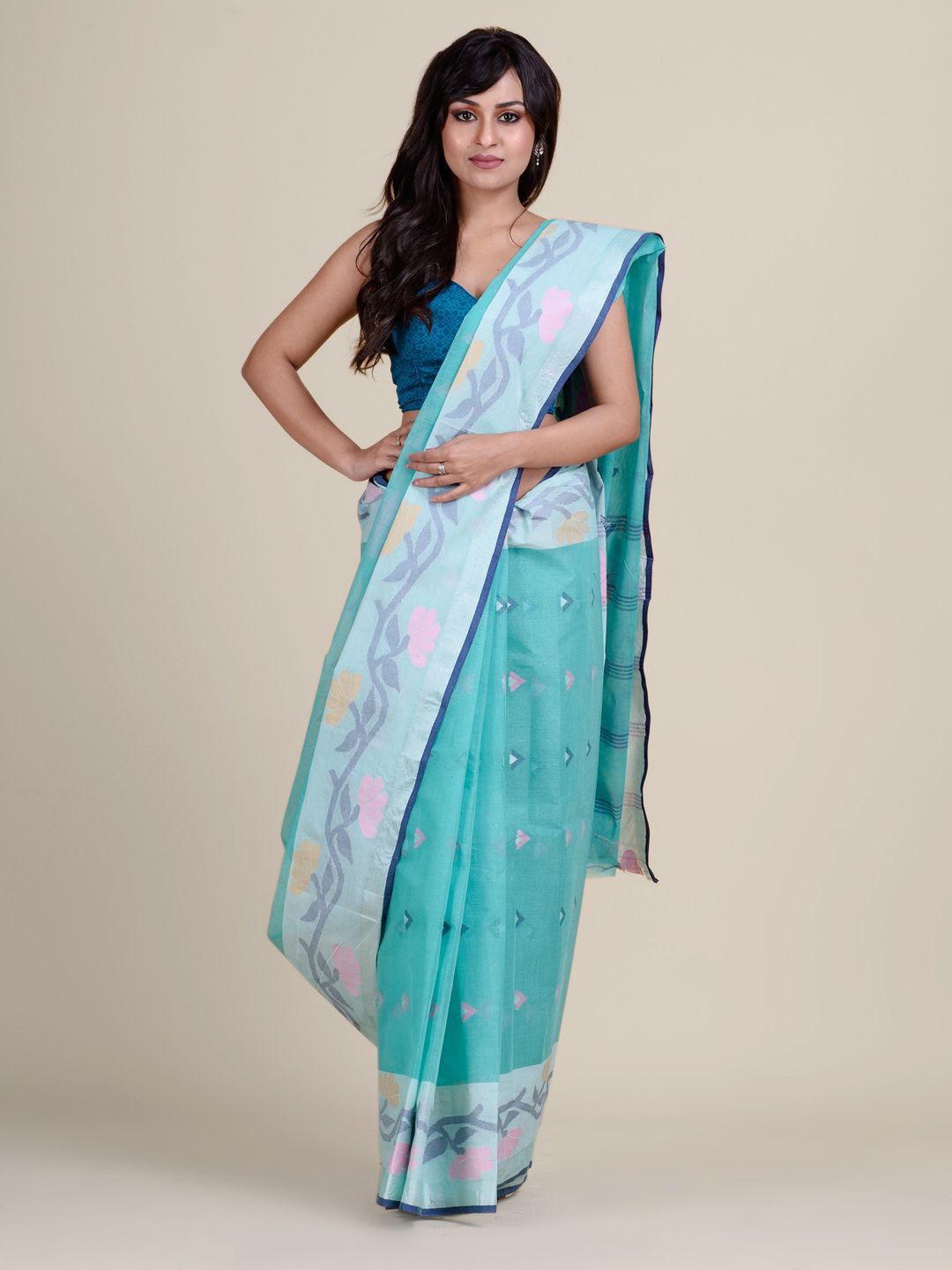 

Charukriti Blue & Pink Woven Design Pure Cotton Taant Saree