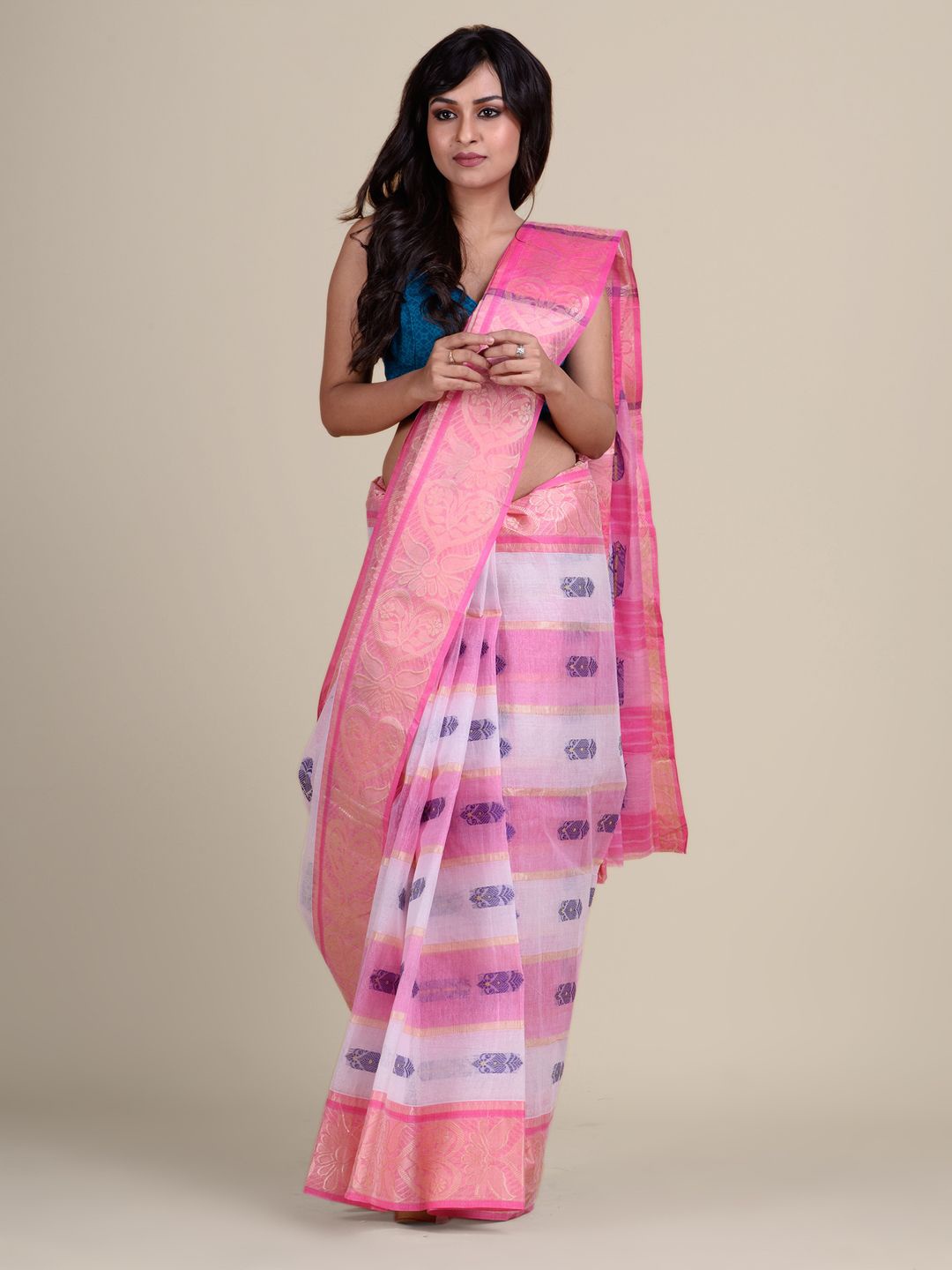 

Charukriti Pink & White Ethnic Motifs Zari Pure Cotton Taant Saree