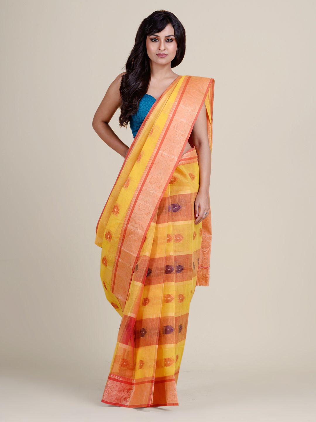 

Charukriti Yellow & Red Ethnic Motifs Zari Pure Cotton Taant Saree