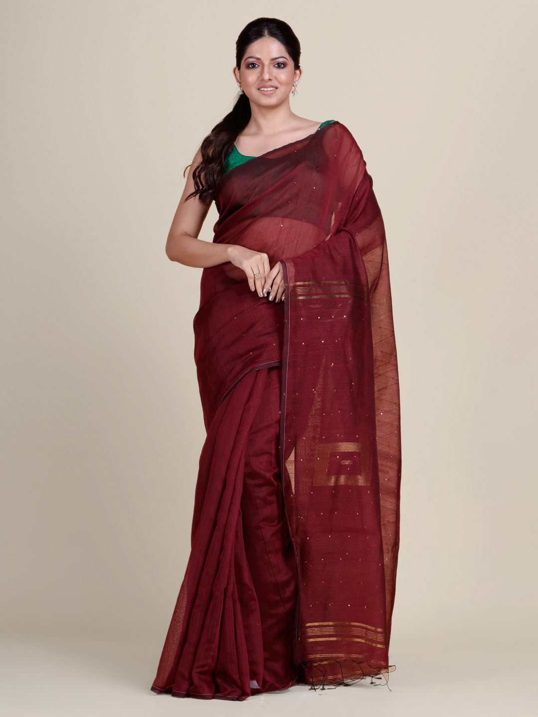 

Charukriti Brown & Gold-Toned Woven Design Embellished Saree