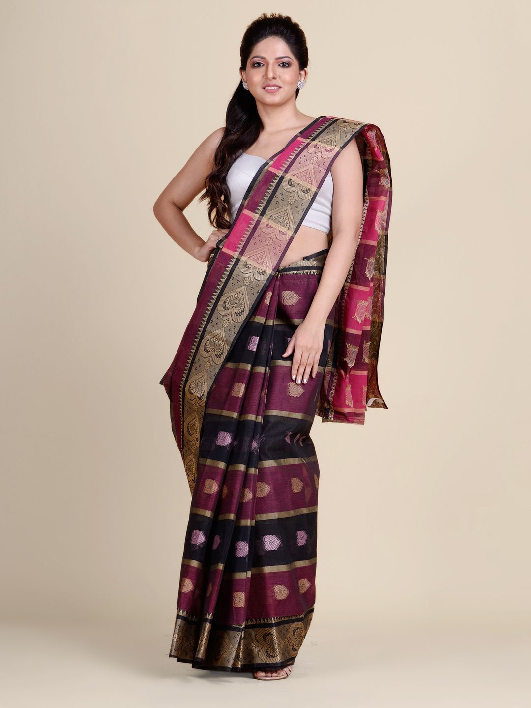 

Charukriti Women Black & Pink Woven Design Pure Cotton Taant Saree