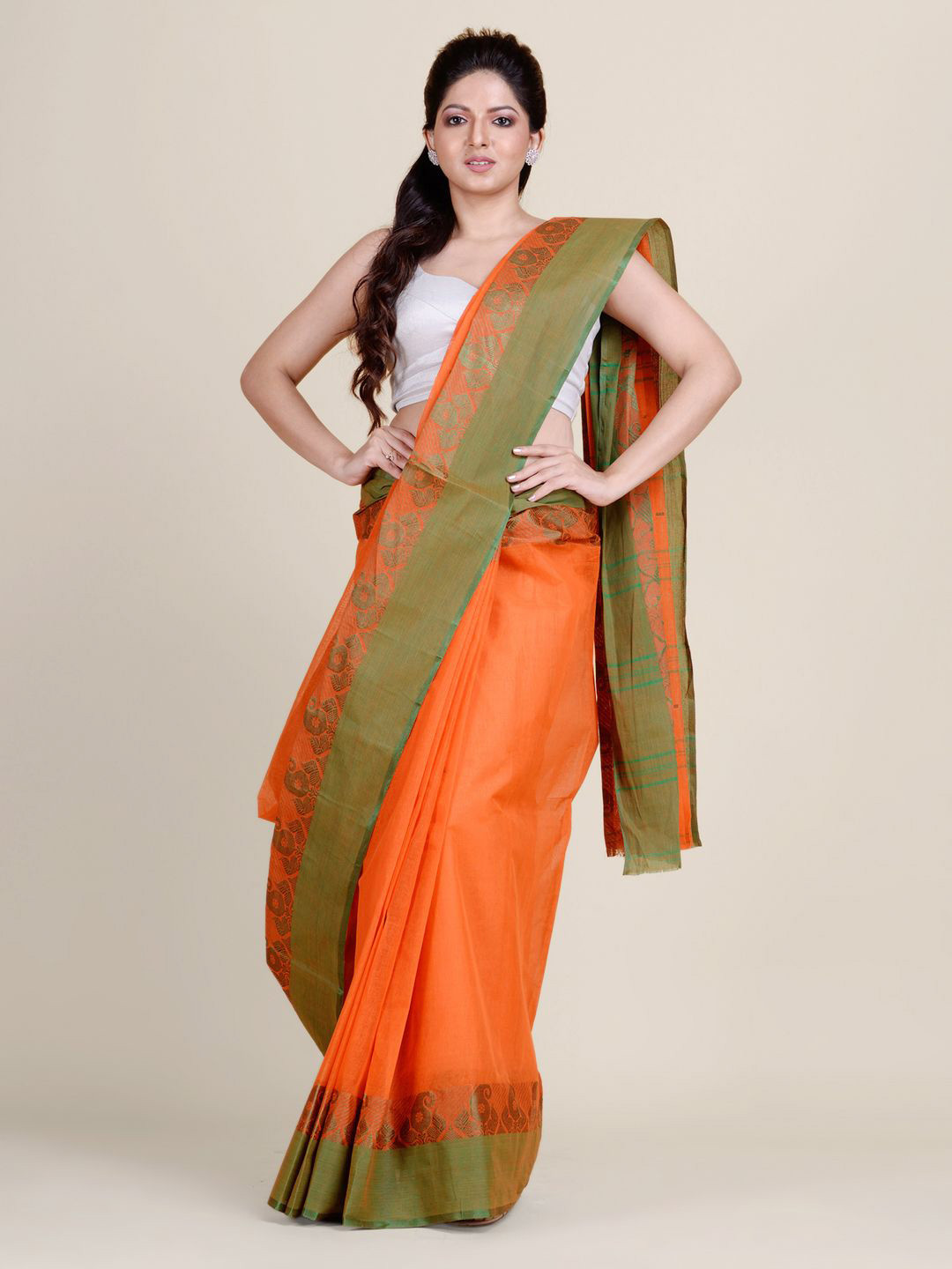 

Charukriti Orange & Green Woven Design Pure Cotton Taant Saree