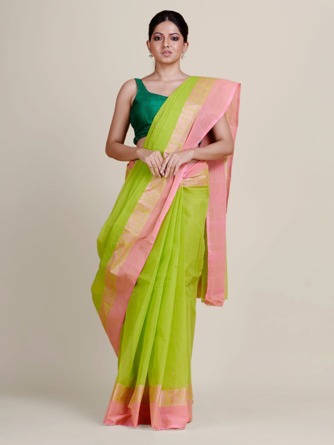 

Charukriti Green & Pink Woven Design Pure Cotton Taant Saree