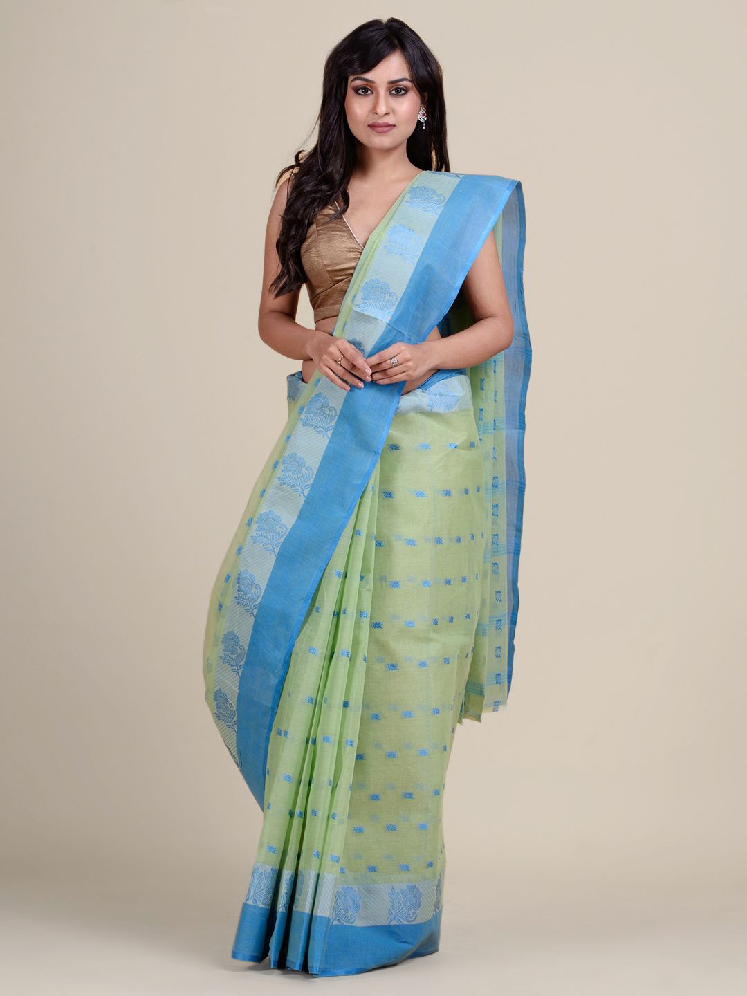 

Charukriti Green & Blue Woven Design Pure Cotton Taant Saree