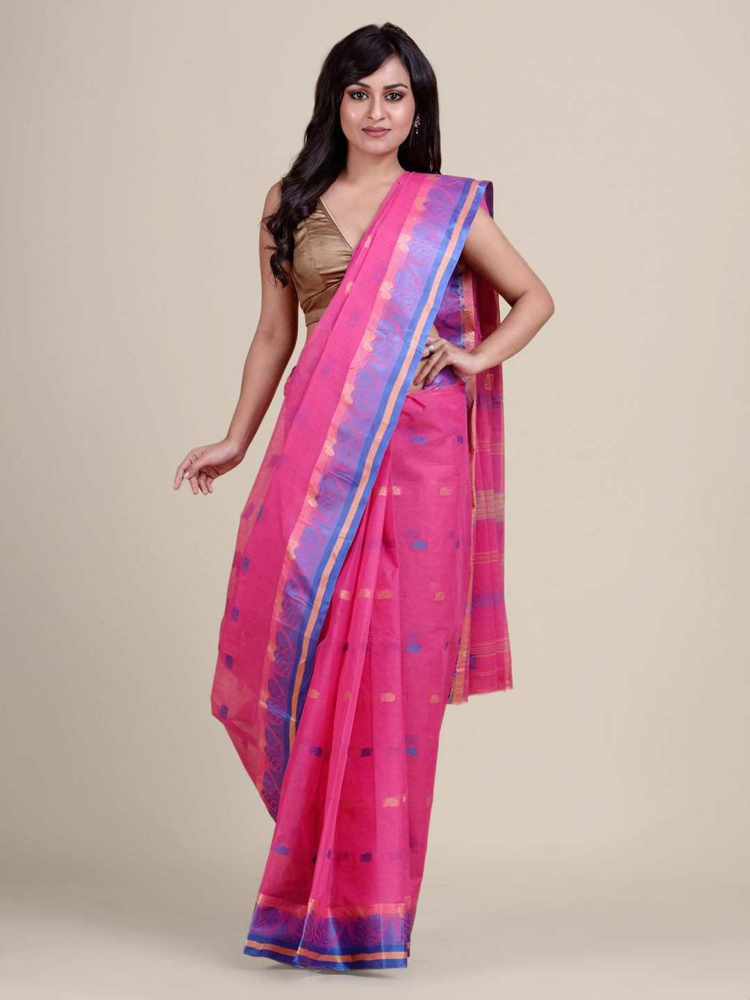 

Charukriti Pink & Blue Woven Design Zari Pure Cotton Taant Saree