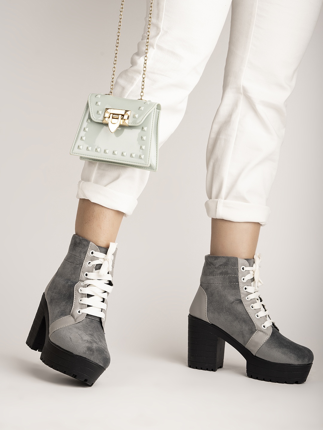

Shoetopia Grey Colourblocked Suede Block Heeled Boots with Laser Cuts