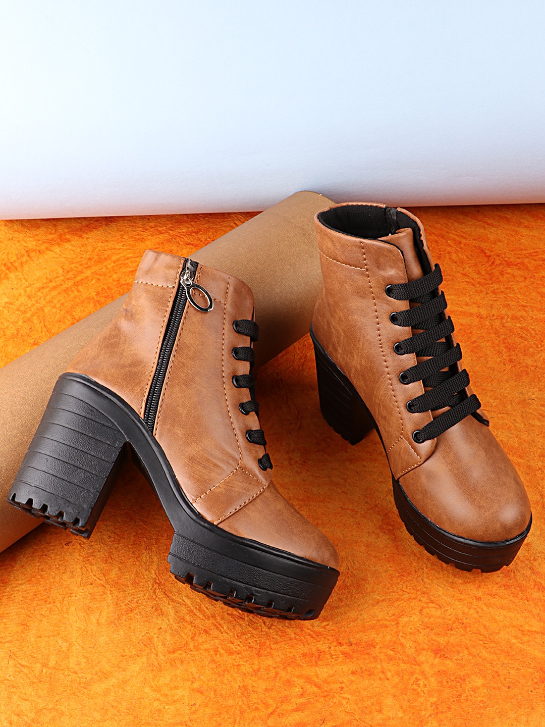 

Shoetopia Tan Brown Mid-Top Platform Heeled Boots