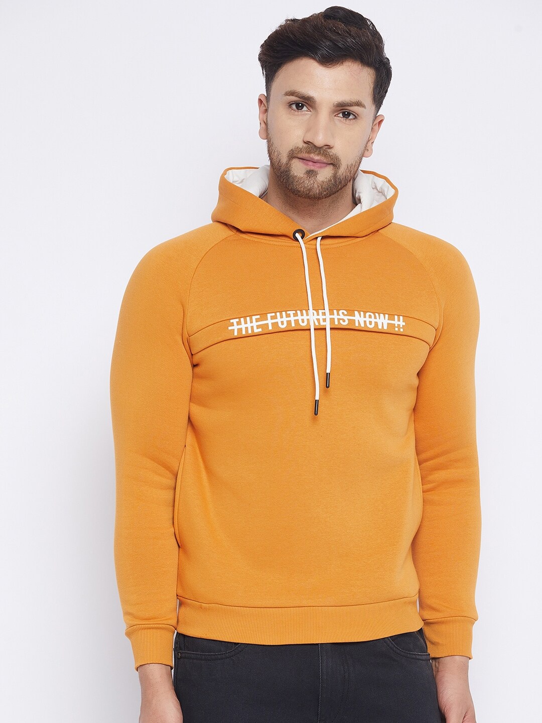 

QUBIC Men Mustard Printed Hooded Sweatshirt