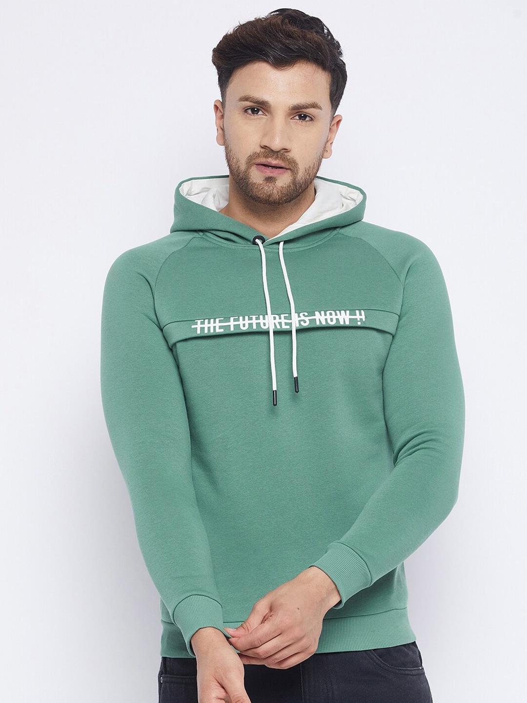 

QUBIC Men Green Typographic Printed Hooded Sweatshirt