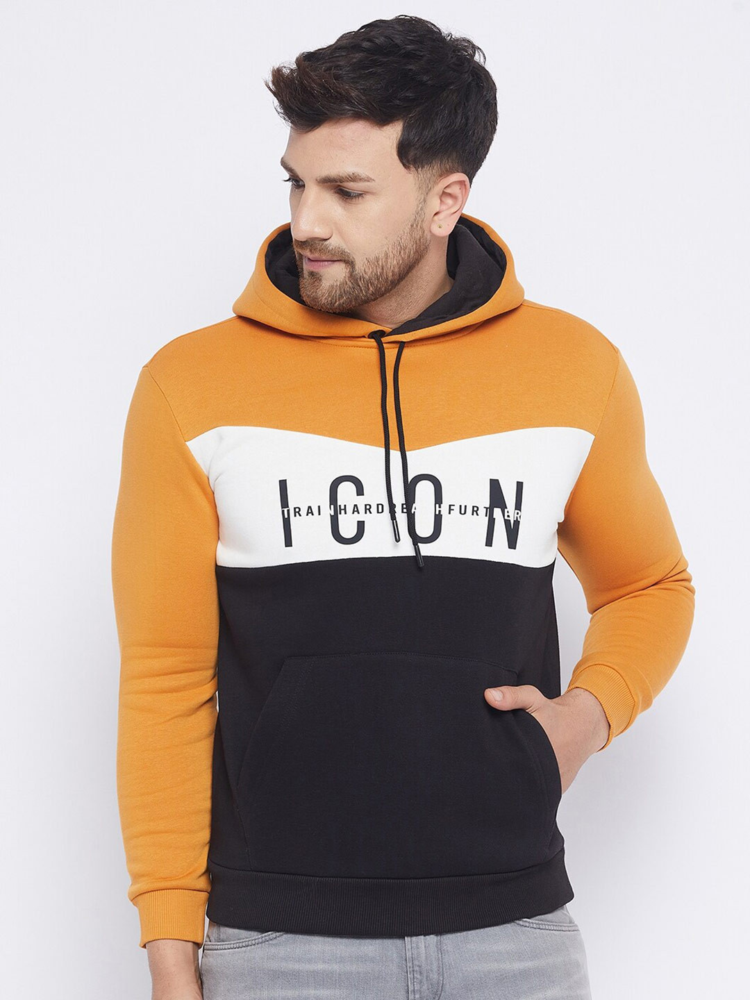 

QUBIC Men Mustard Yellow & Black Colourblocked Hooded Sweatshirt