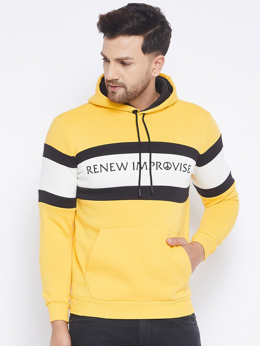

QUBIC Men Yellow Printed Typographic Hooded Sweatshirt