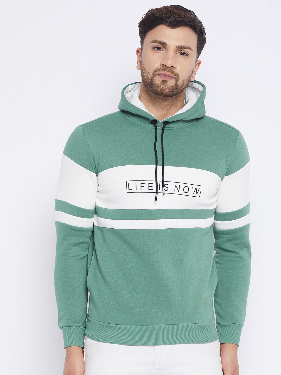 

QUBIC Men Green Colourblocked Hooded Sweatshirt