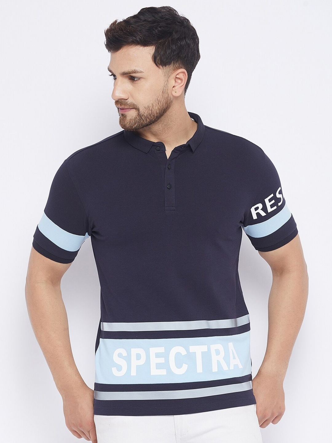 

QUBIC Men Navy Blue Typography Printed Cotton Blend Polo Collar T-shirt