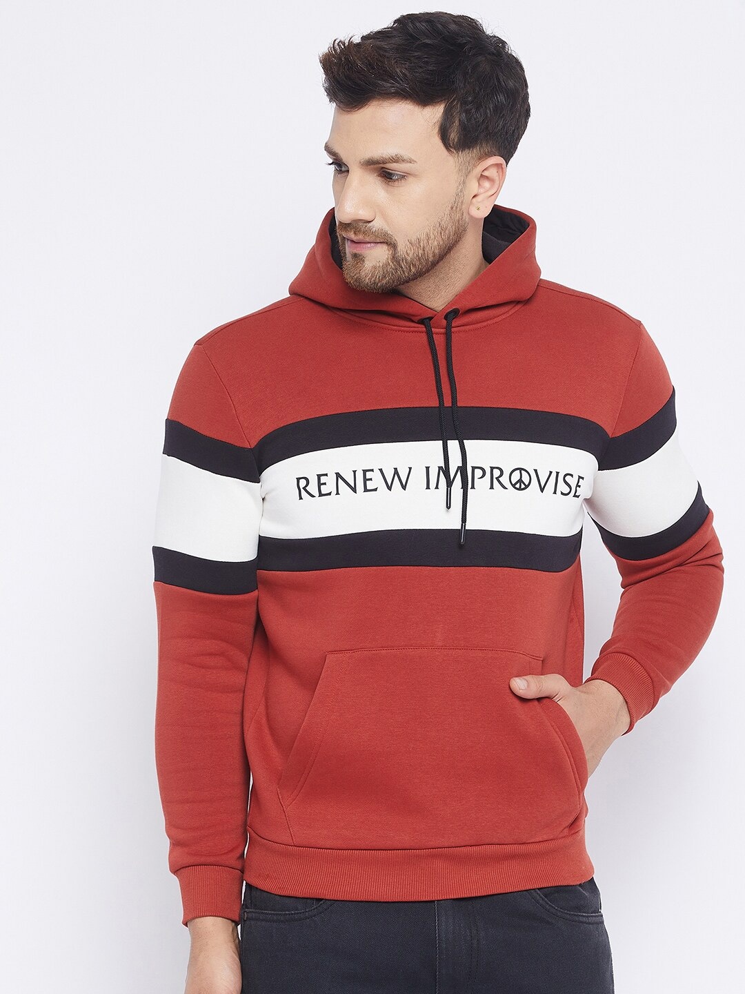 

QUBIC Men Red Colourblocked Hooded Sweatshirt