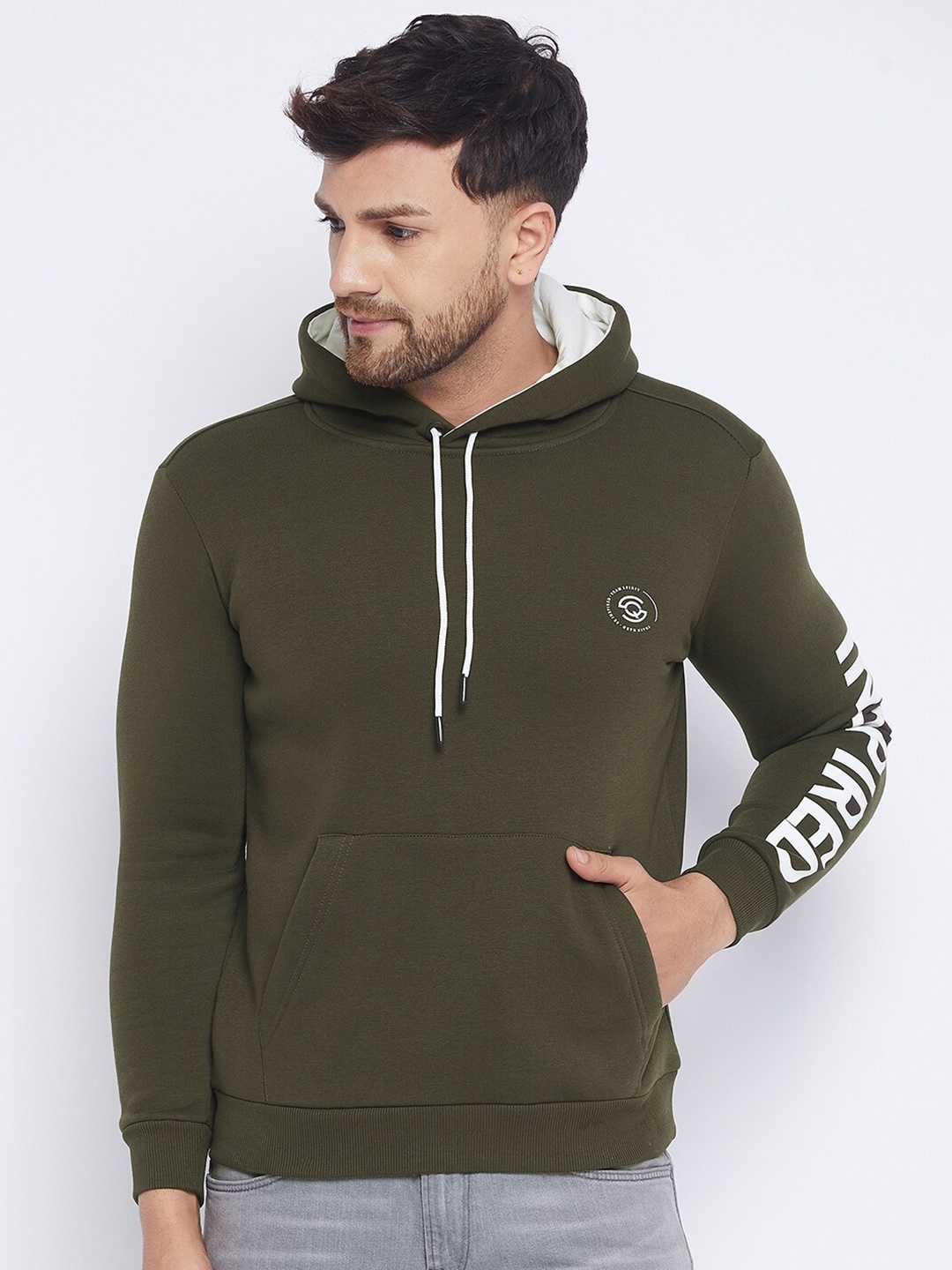 

QUBIC Men Olive Green Hooded Sweatshirt