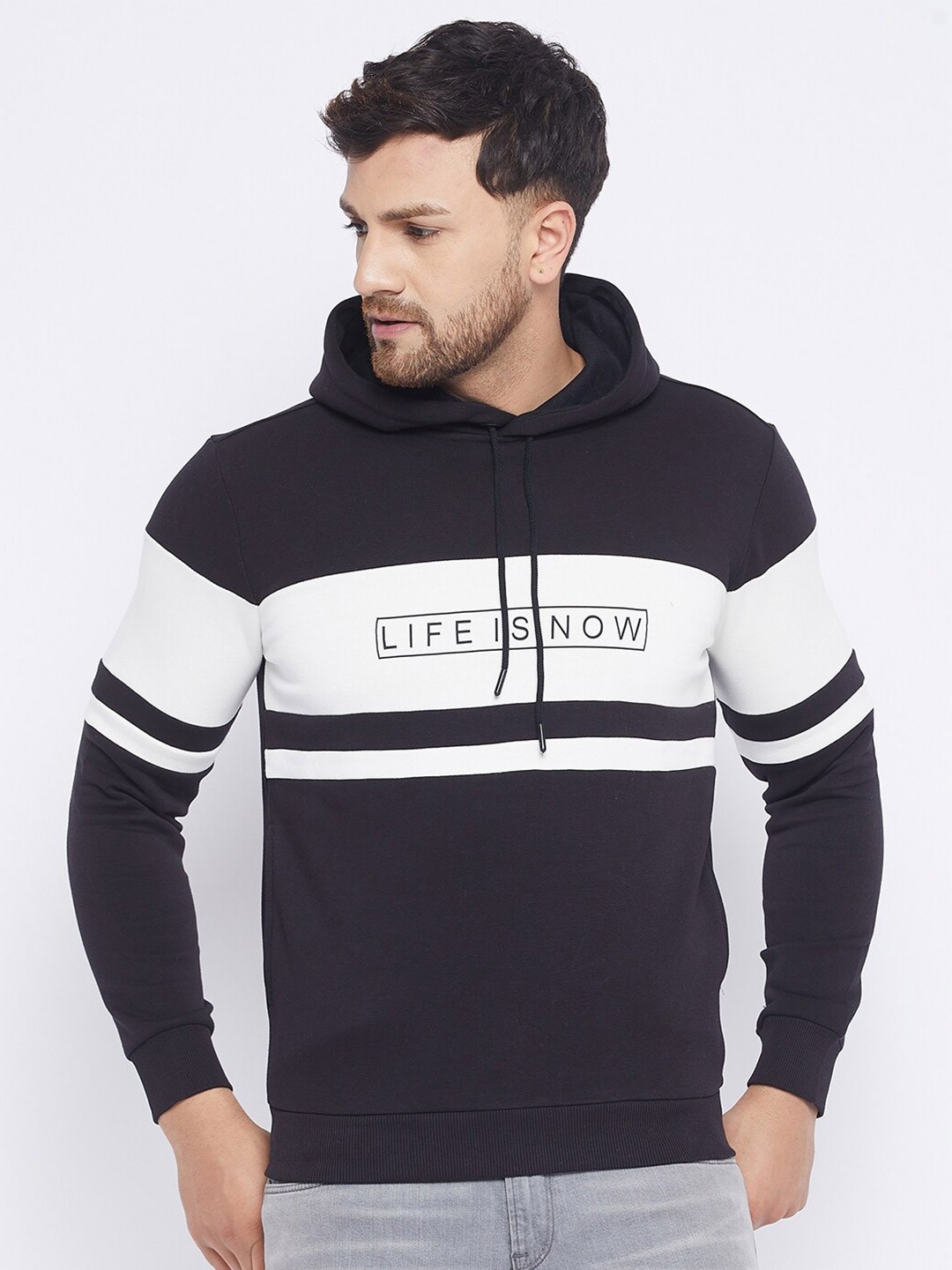 

QUBIC Men Black Striped Hooded Sweatshirt