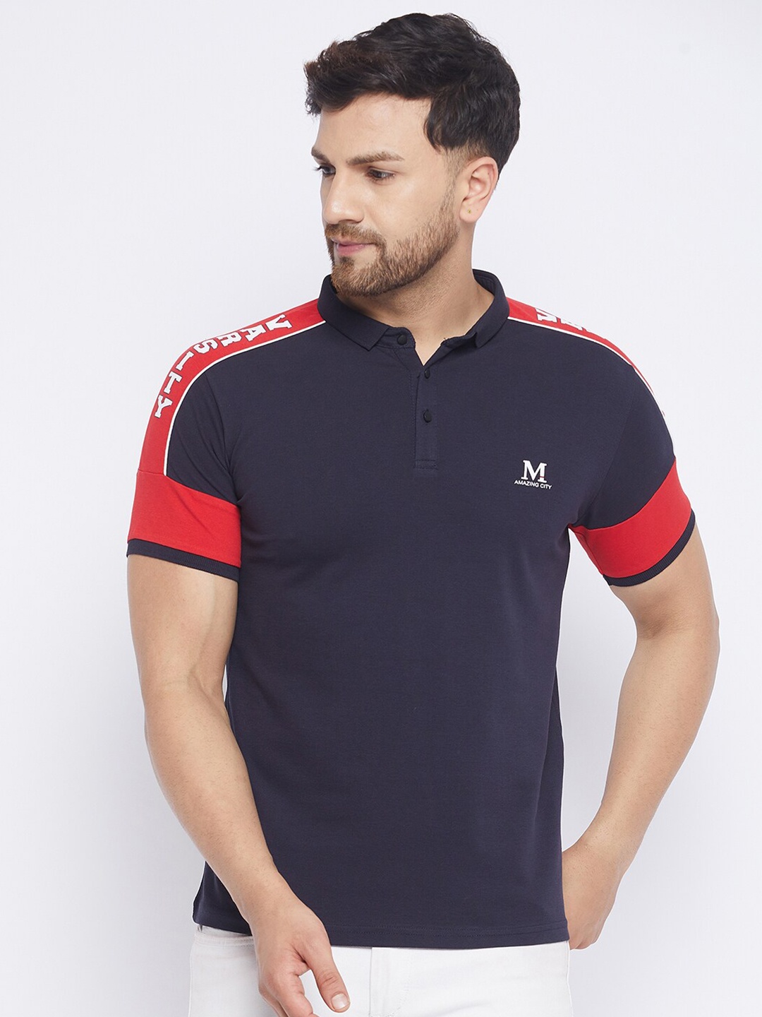 

QUBIC Men Navy Blue Colourblocked Mandarin Collar T-shirt
