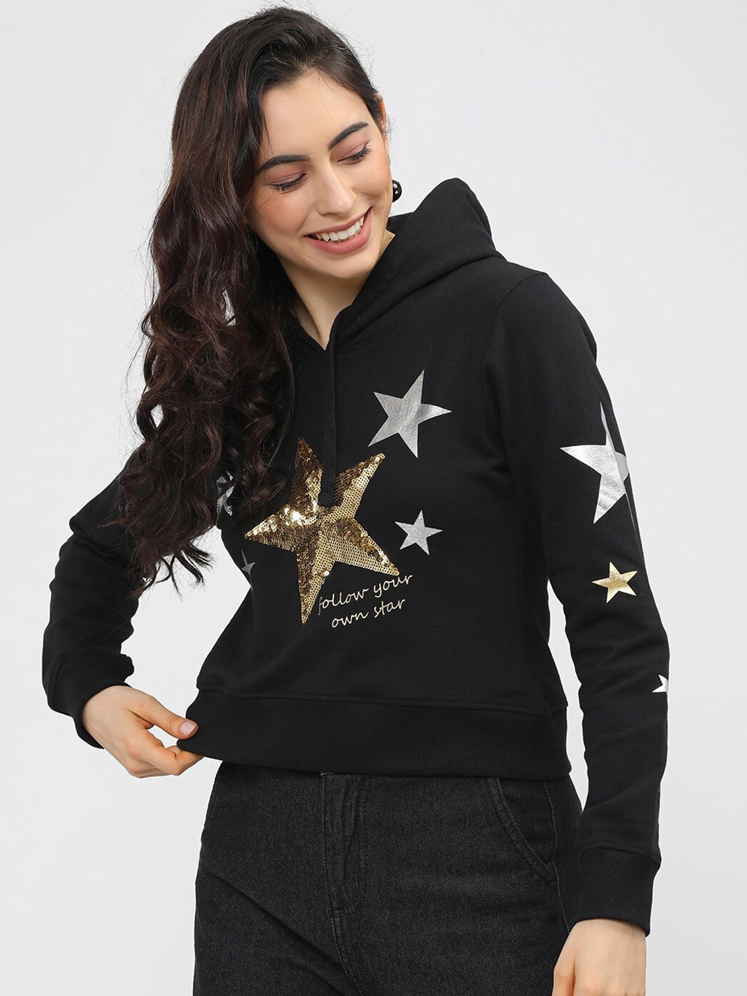 

Tokyo Talkies Women Black Printed Hooded Sweatshirt