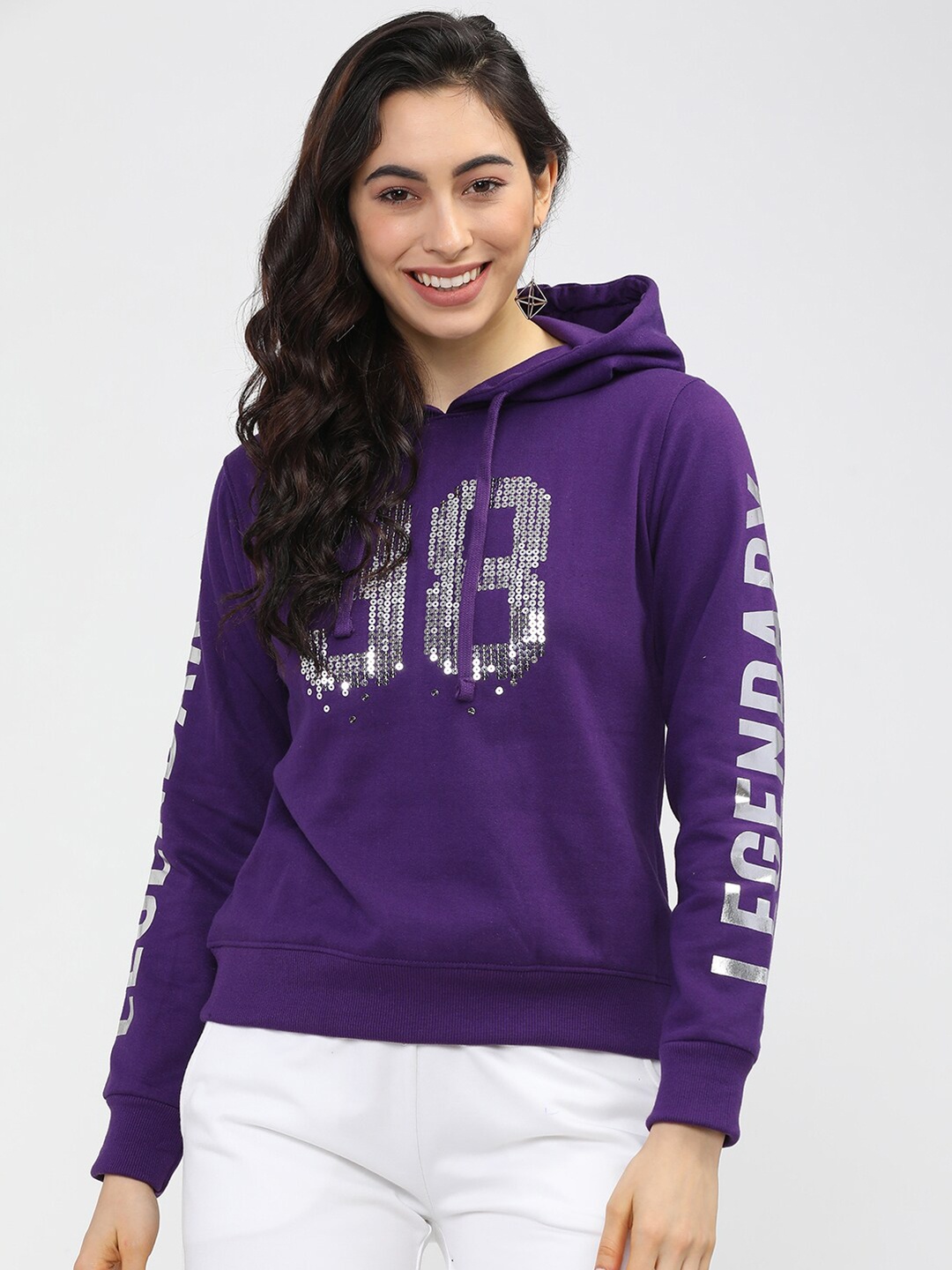 

Tokyo Talkies Women Purple Embellished Hooded Sweatshirt