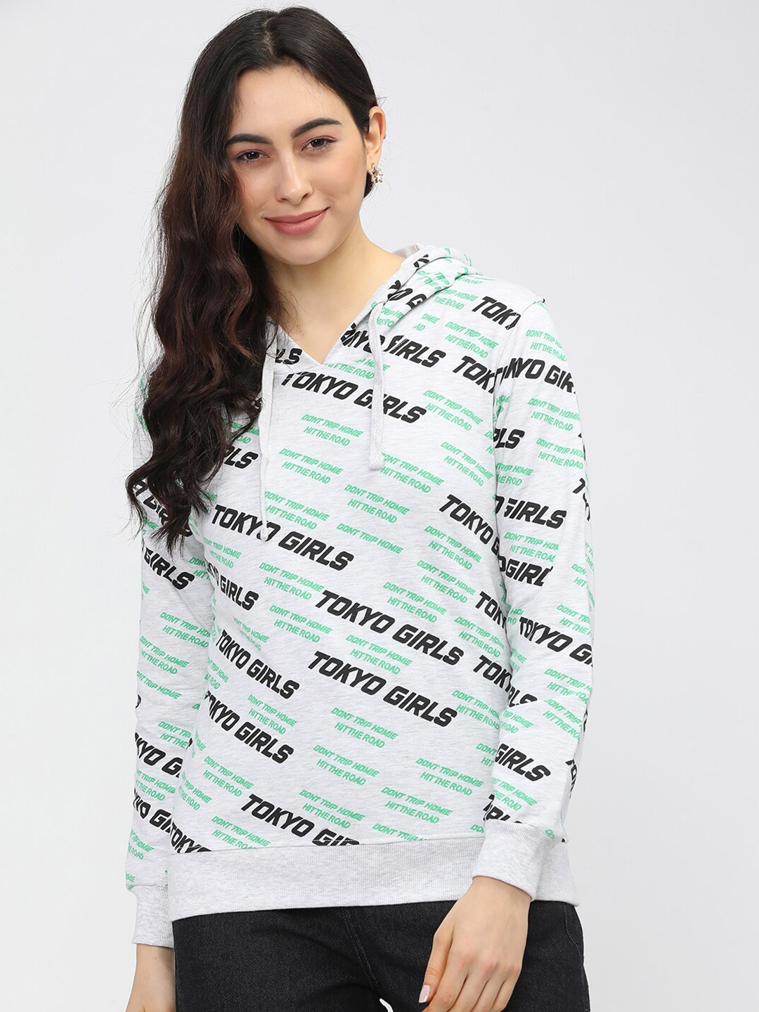 

Tokyo Talkies Women White Printed Hooded Sweatshirt