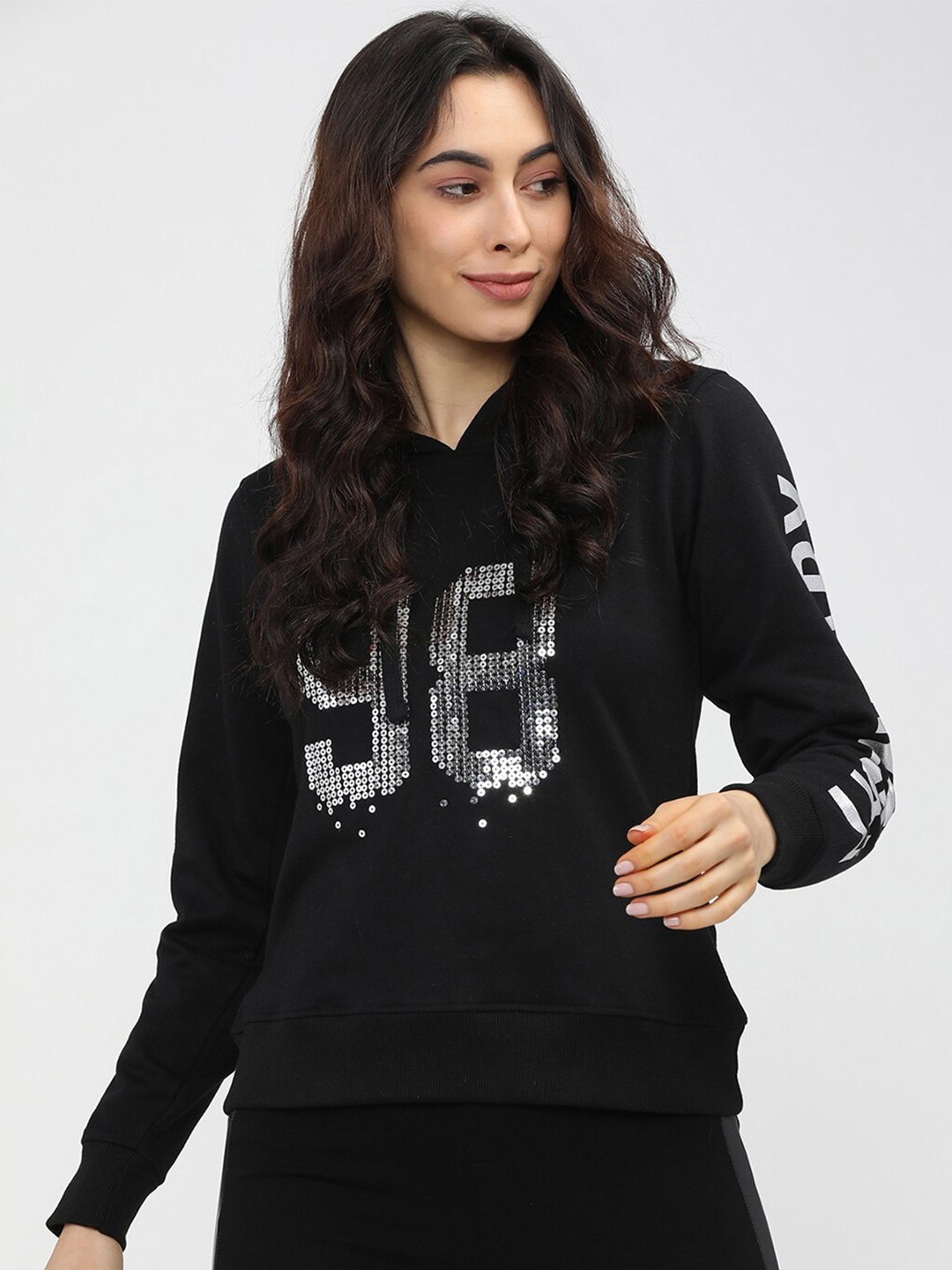 

Tokyo Talkies Women Black Printed Hooded Sweatshirt